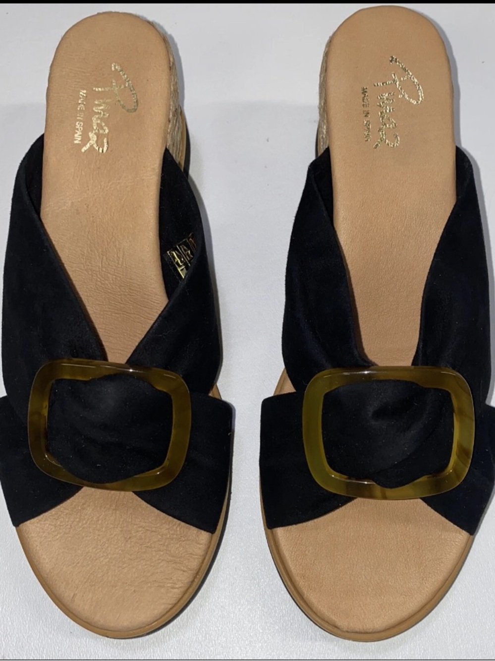 Pinaz Black Slide Sandals with Tortoiseshell-Look Buckle Espadrille Wedge